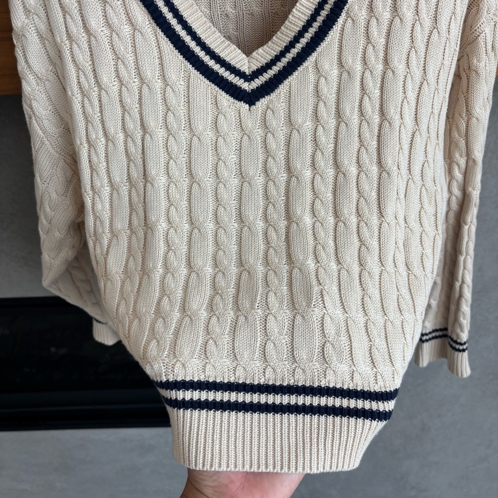 Lulus Posh Expert Beige Cable Knit Pullover Varsity Sweater, Size S - Picture 11 of 15